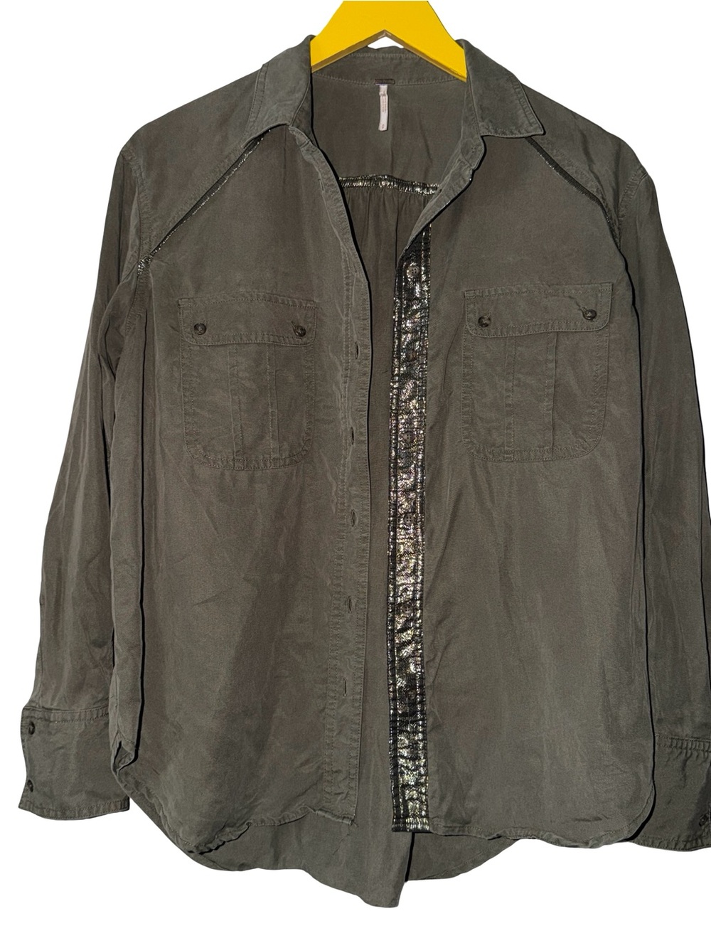Free People Top Button Down Olive Gold Metallic Small